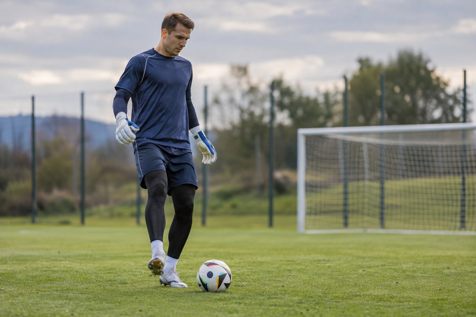Ein Torwart kontrolliert beim Training einen Ball außerhalb des Strafraums.