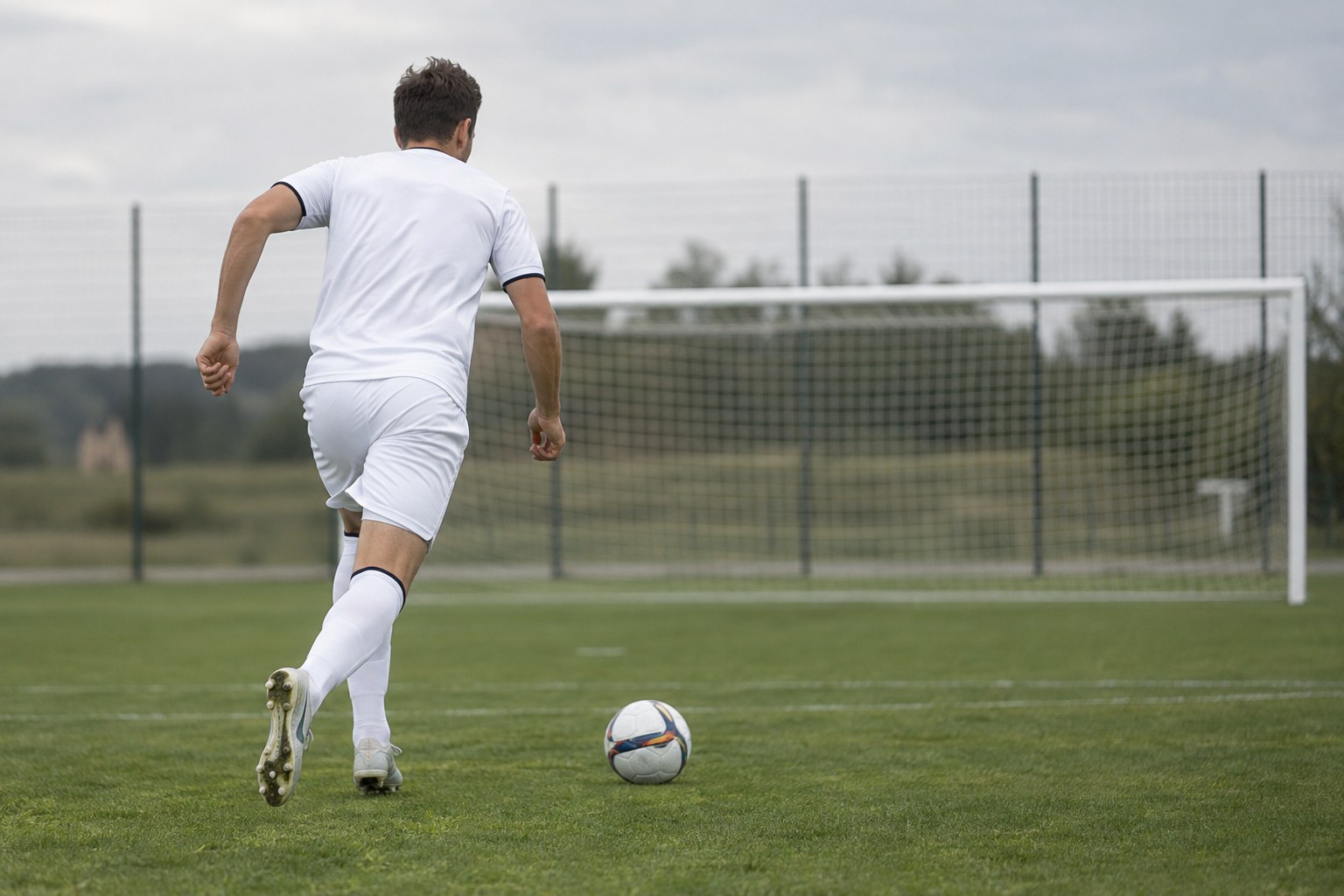 Ein Fußballspieler läuft einem Ball vor einem Tor nach.