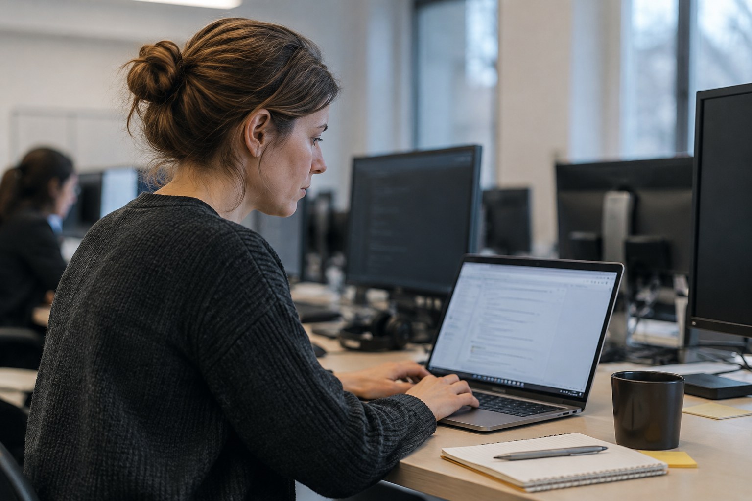 Eine Softwareprüferin arbeitet an einem Laptop.