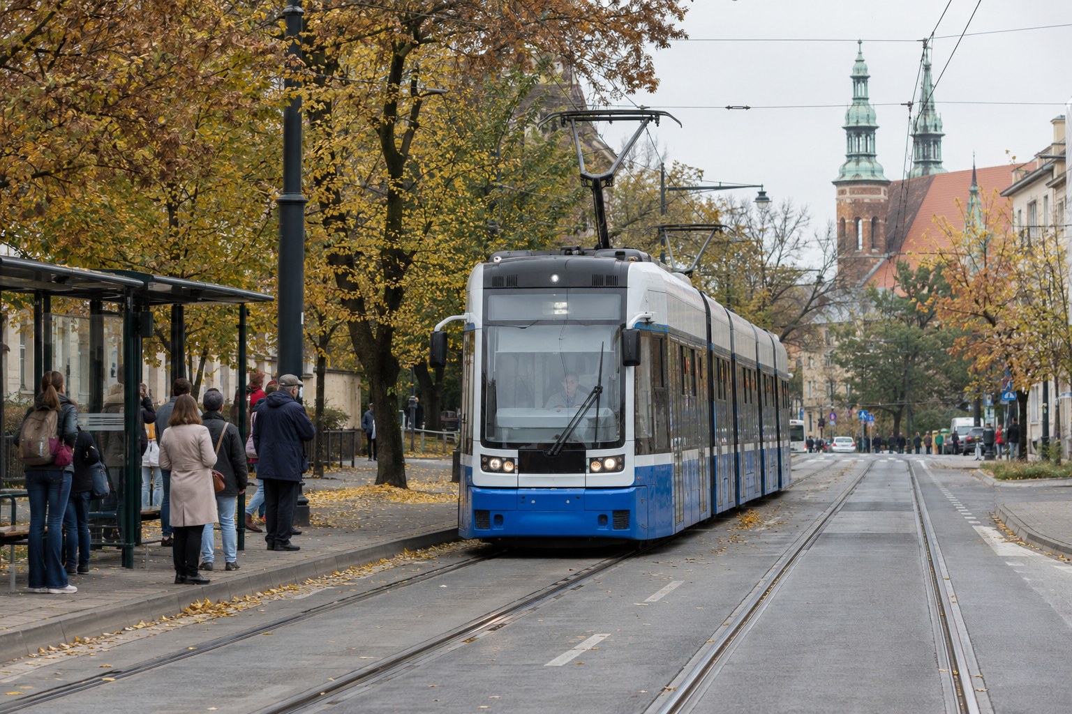 Straßenbahn und Wartende an einer Haltestelle.