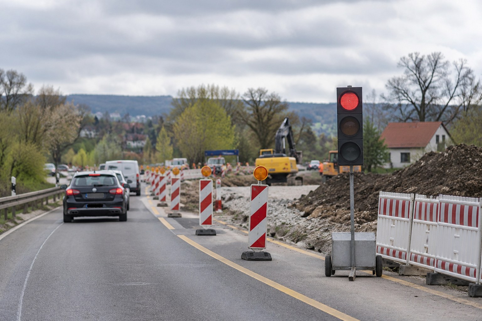 Mobile Ampel an einer verengten Fahrbahn.
