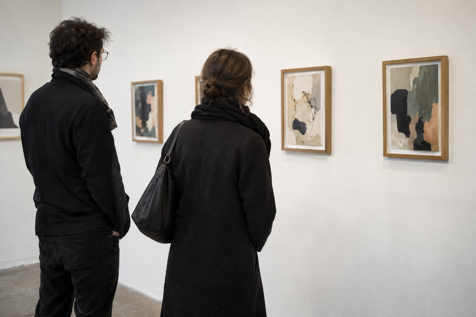 Zwei Personen betrachten Werke in einer Galerie.