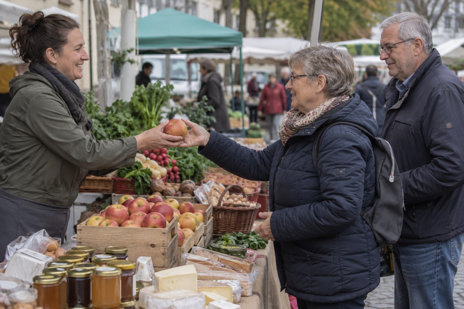 Regionale Lebensmittel an einem Marktstand.