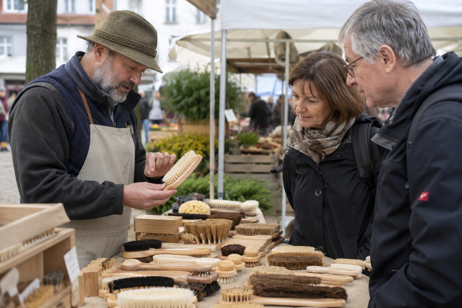 Handwerker zeigt eine Holzbürste.