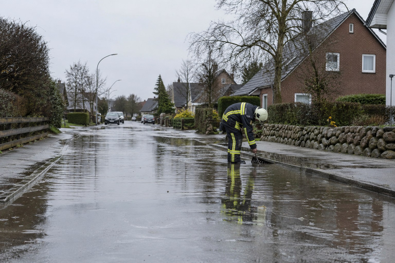 Regenwasser auf einer Wohnstraße.