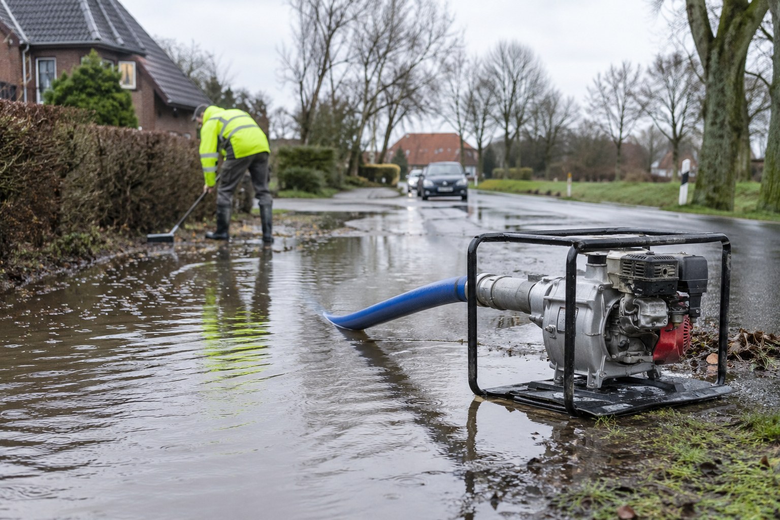 Pumpe und Schlauch zur Entwässerung.