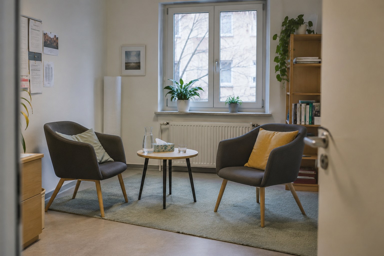 Beratungsraum mit Tisch und Stühlen.