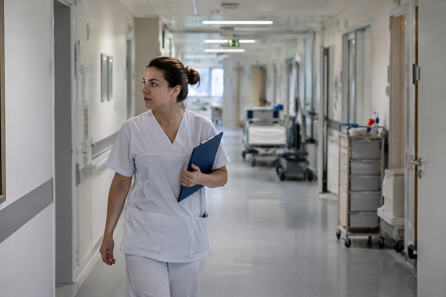 Pflegekraft auf einem Krankenhausflur.
