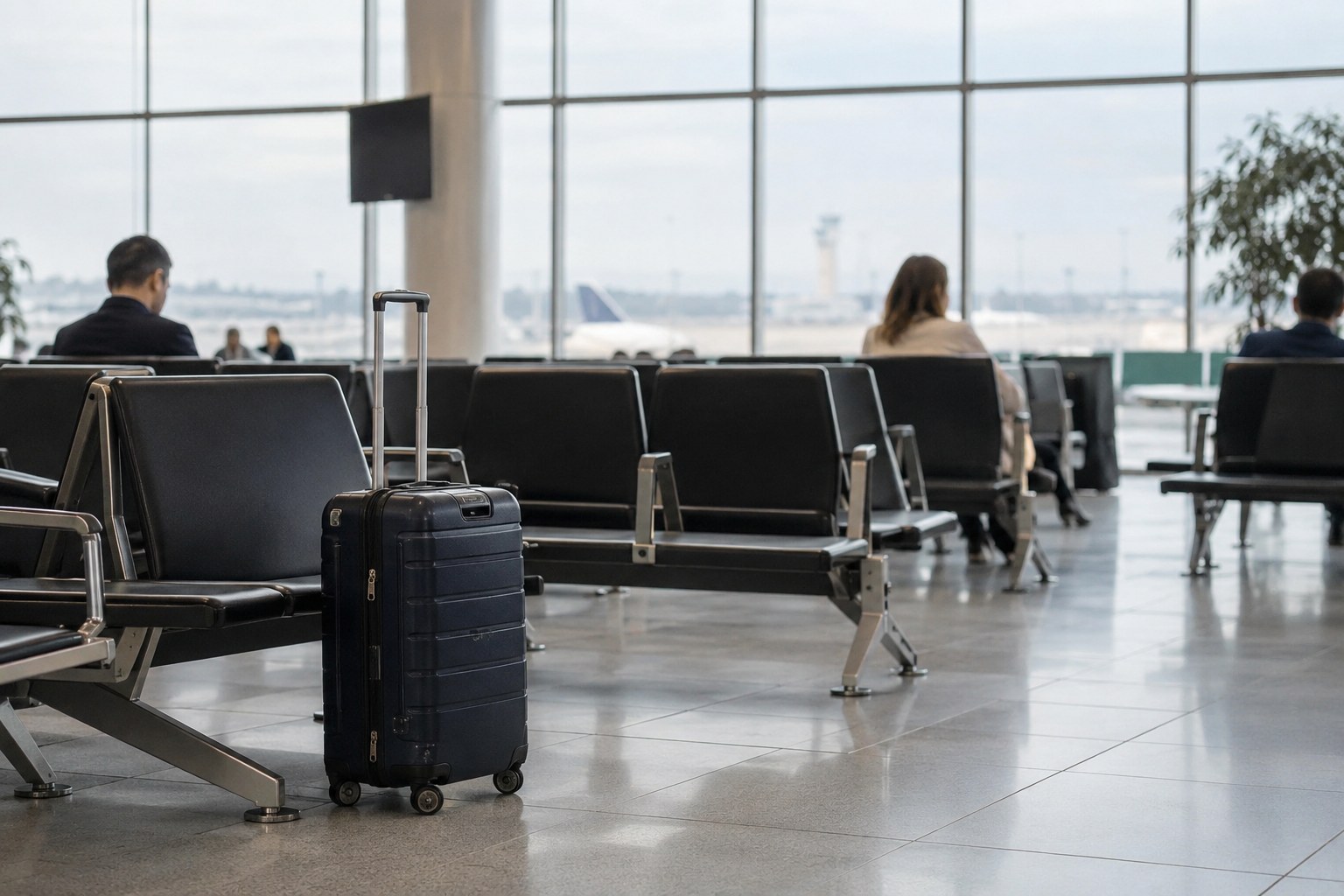 Sitzreihen und Reisegepäck im Terminal.