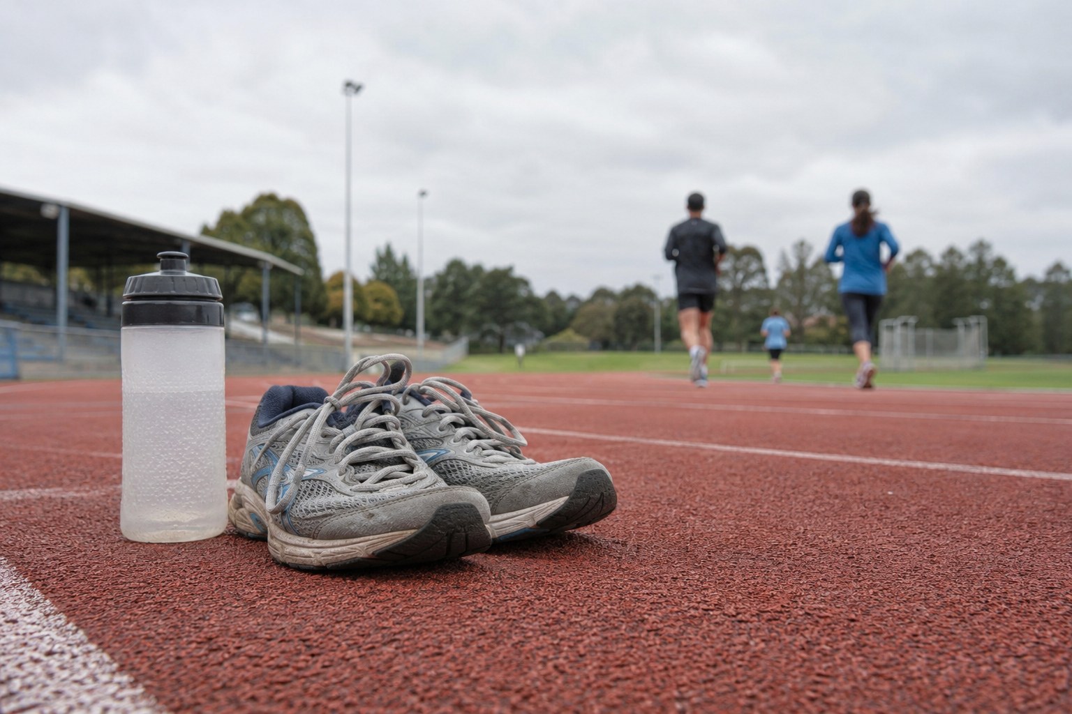Laufschuhe und Wasserflasche auf einer Bahn.