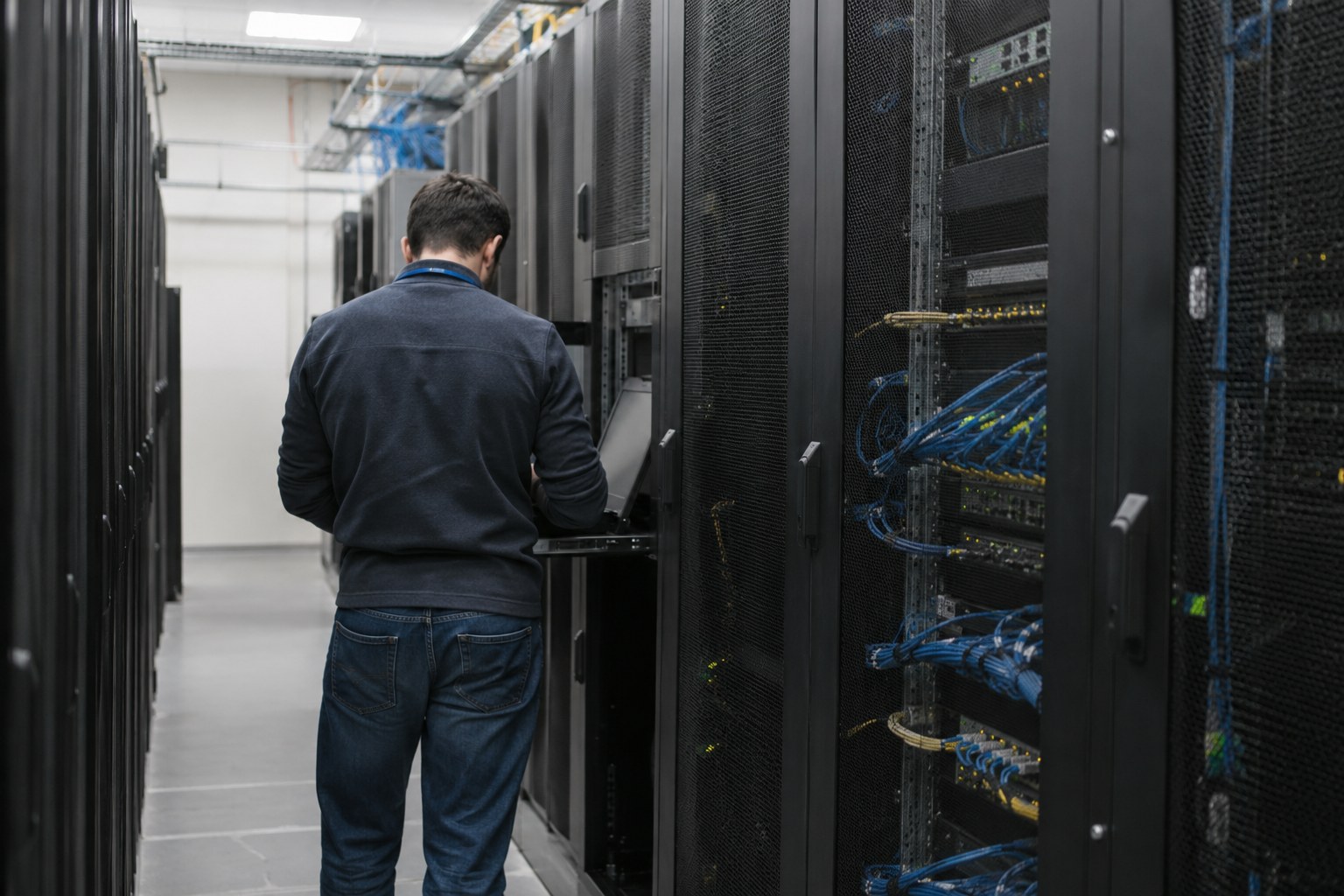 Serverschränke und Techniker in einem Rechenzentrum.