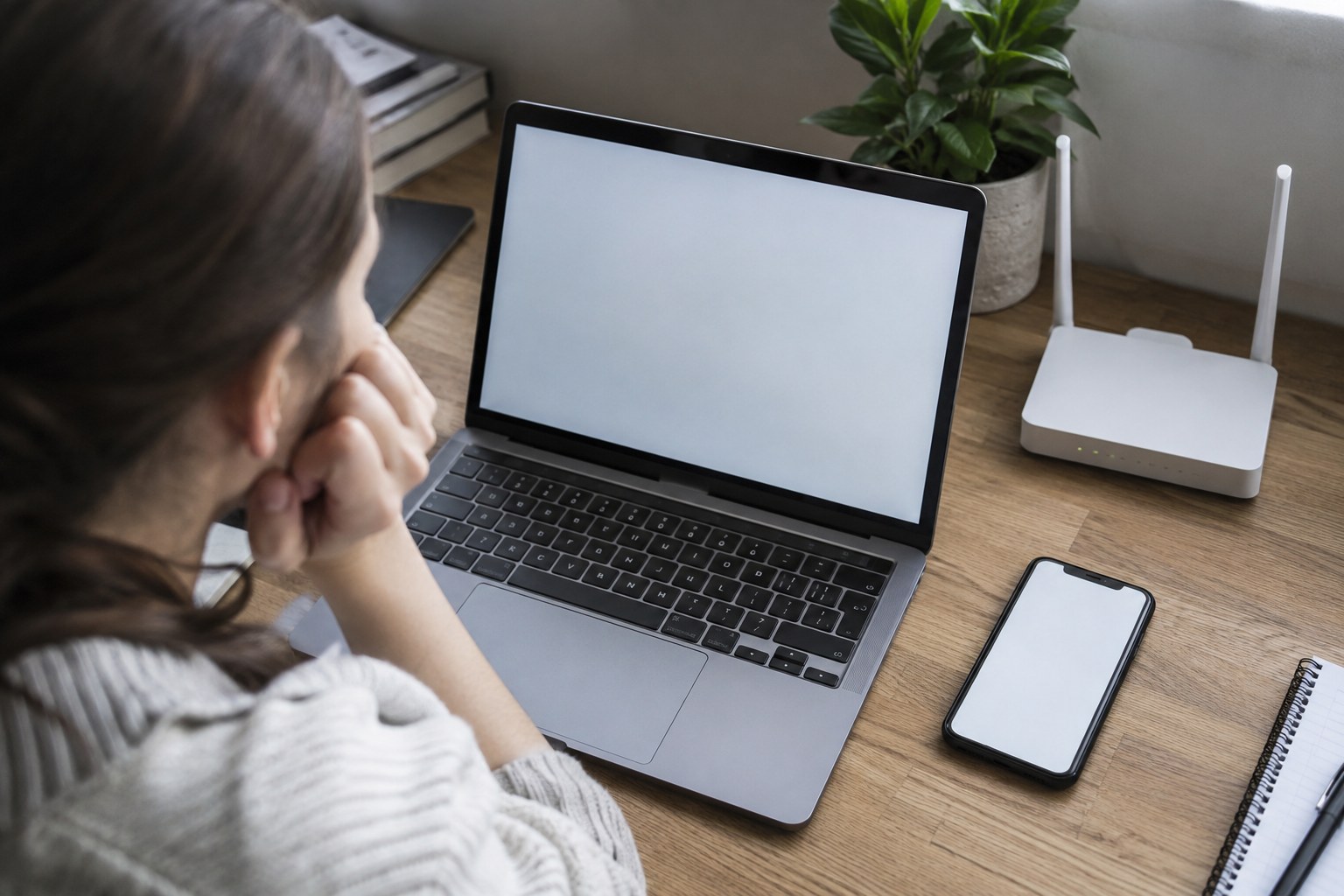 Laptop, Mobiltelefon und Router am Schreibtisch.
