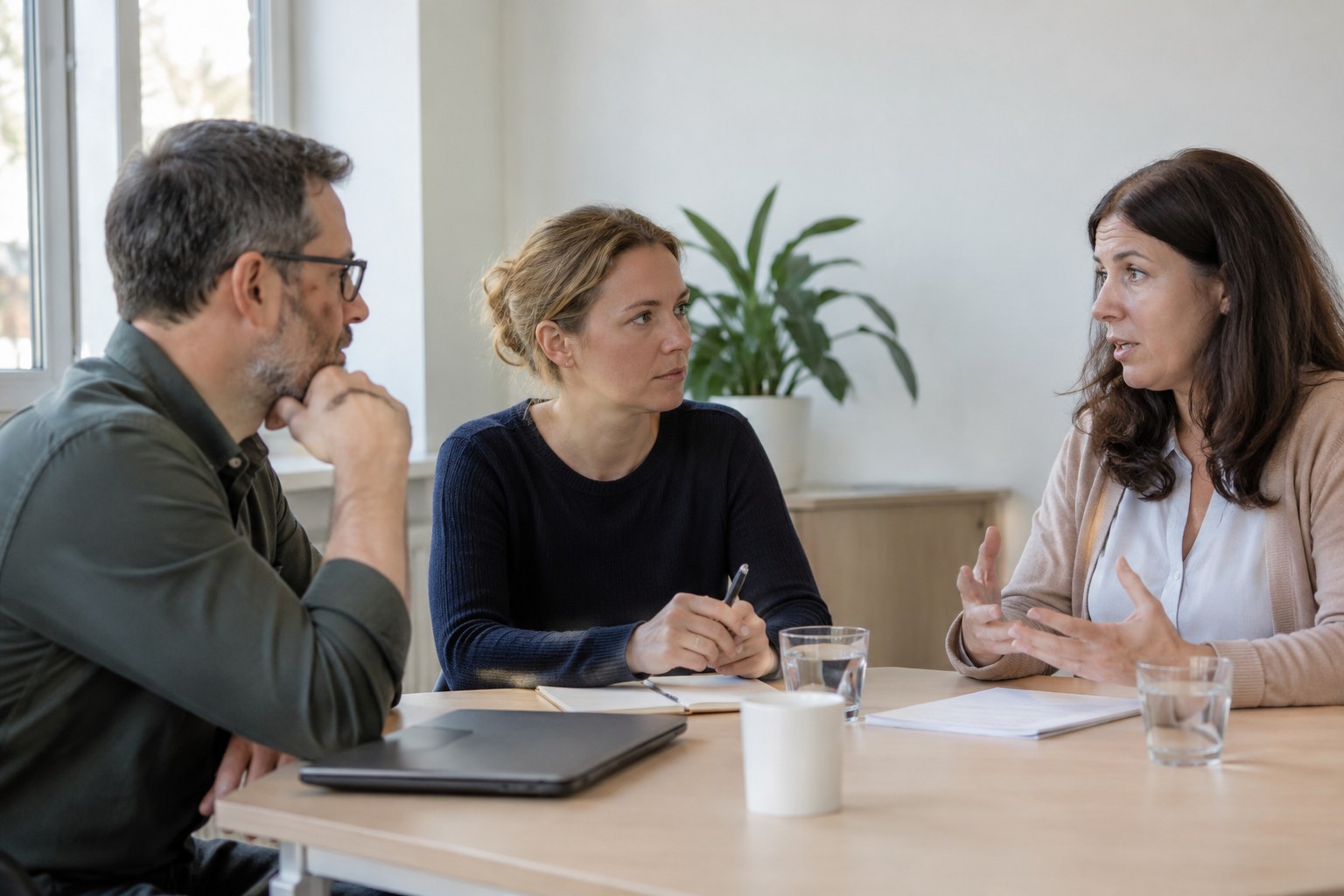 Drei Erwachsene besprechen Unterlagen in einem Büro.