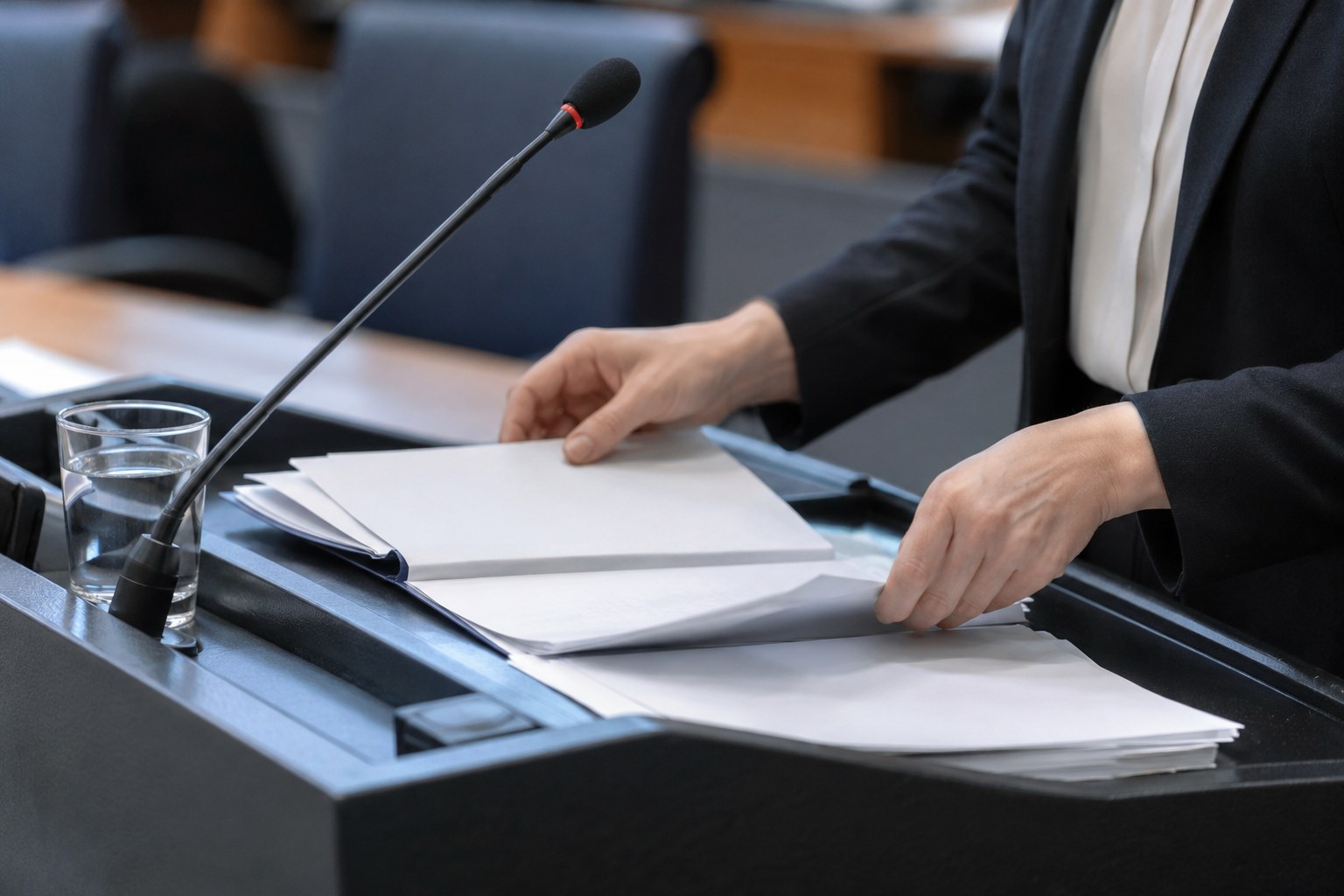 Unterlagen und Mikrofon an einem Sitzungstisch.