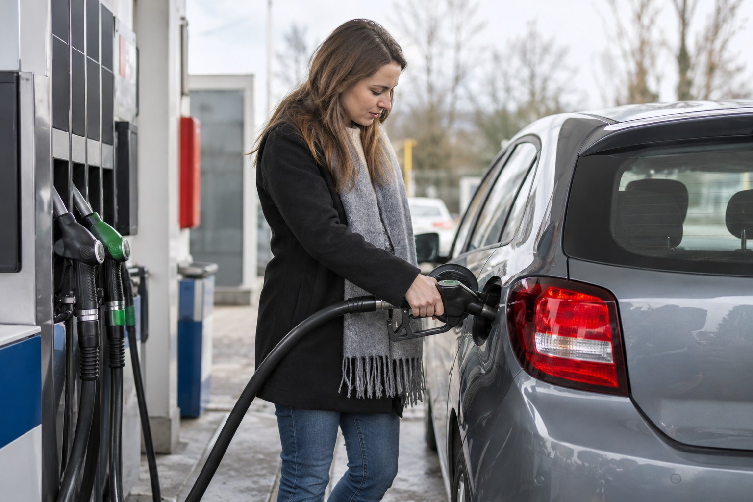 Eine Autofahrerin tankt an einer Tankstelle.