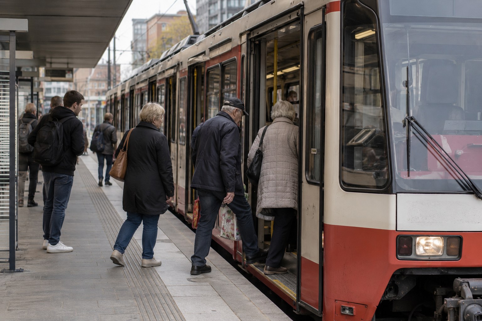 Eine Stadtbahn an einer innerstädtischen Haltestelle.