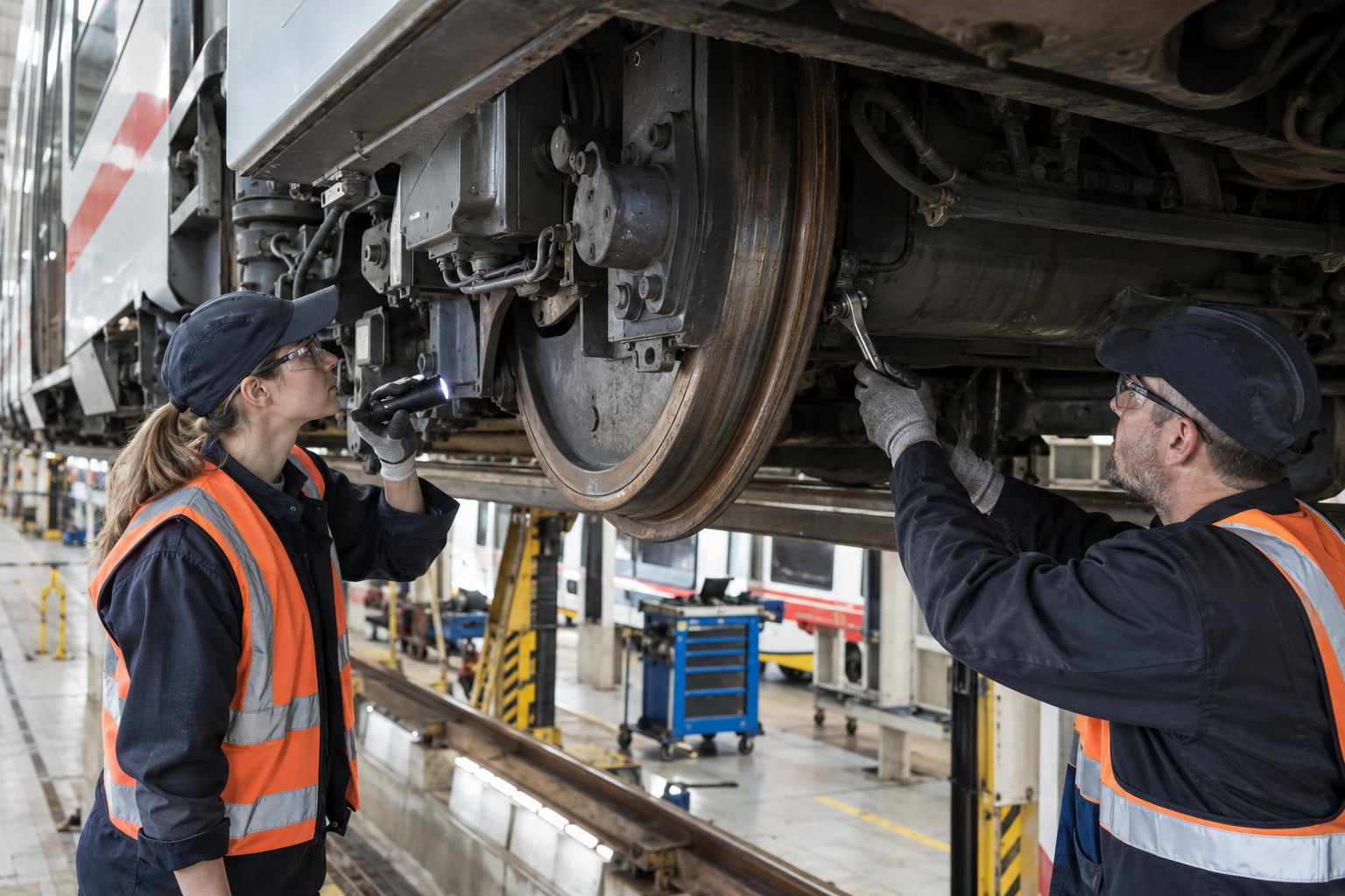Zwei Fachkräfte prüfen das Fahrwerk einer Bahn in einer Werkhalle.