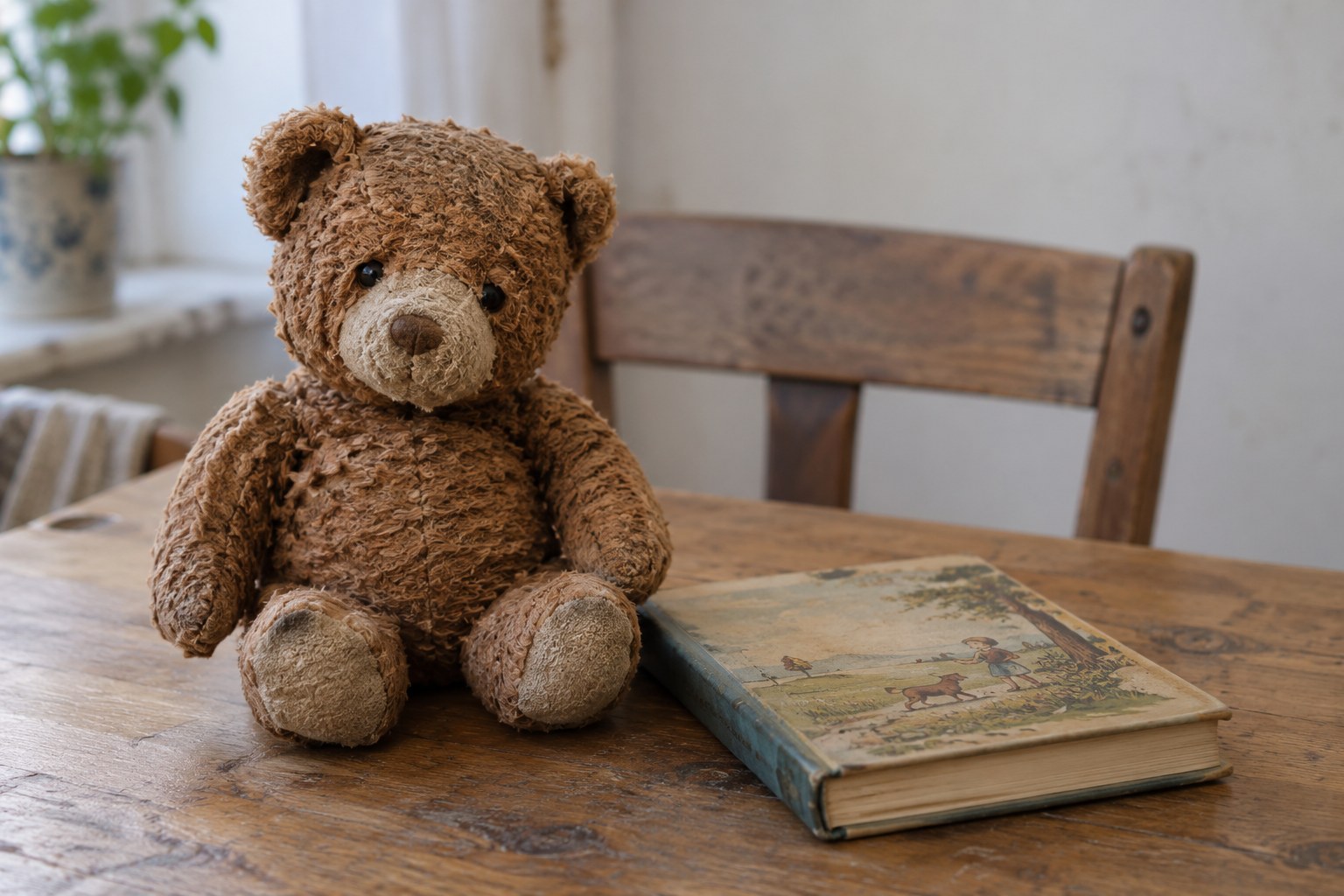 Ein brauner Stoffbär sitzt neben einem geschlossenen Buch.