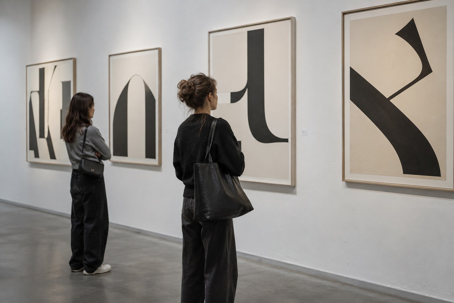 Zwei Besucherinnen betrachten grafische Arbeiten in einer Galerie.