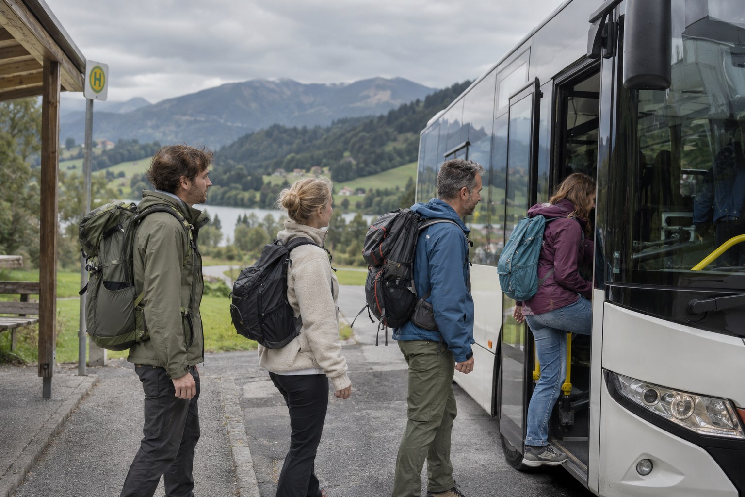 Reisende mit Rucksäcken steigen an einer regionalen Haltestelle in einen Bus.
