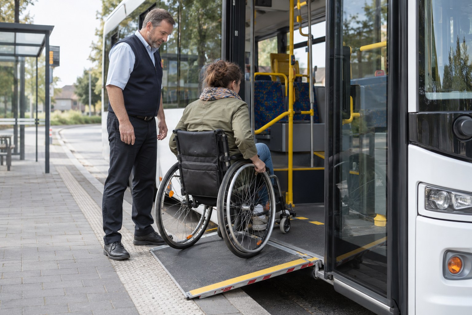 Eine Rollstuhlfahrerin nutzt die Rampe eines Niederflurbusses.