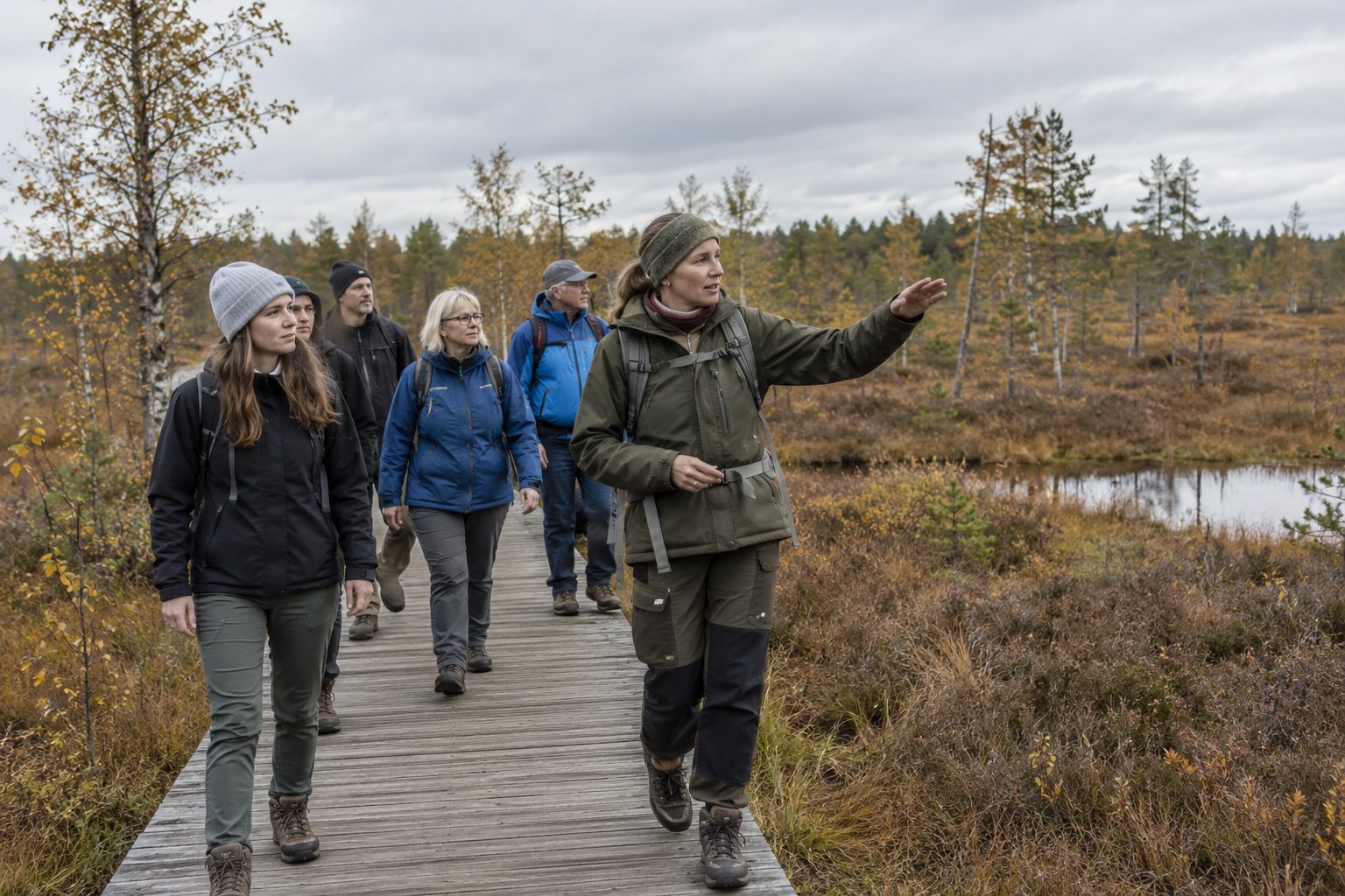 Eine Wandergruppe auf einem Holzsteg in einer Moorlandschaft.