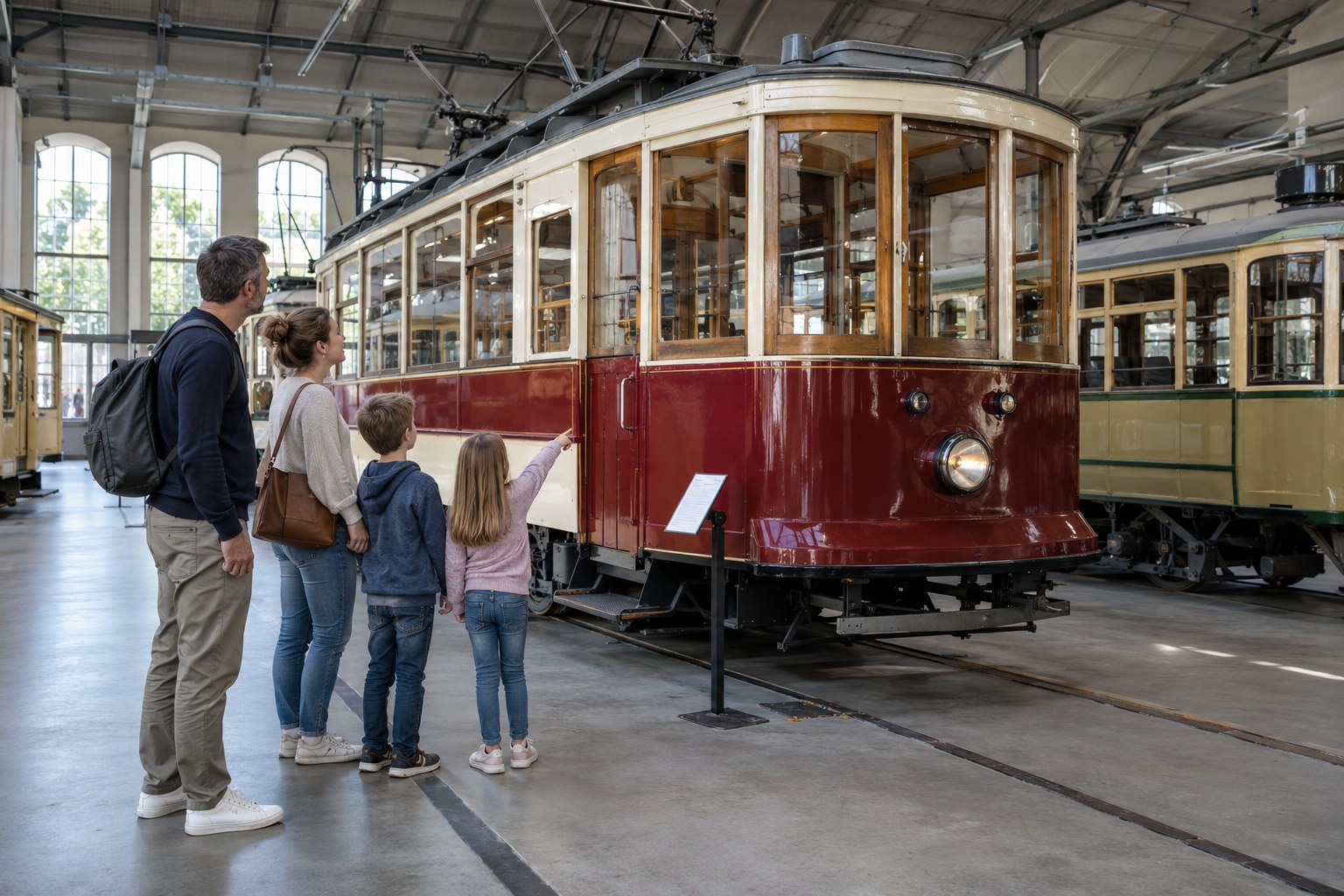 Eine Familie betrachtet eine historische Straßenbahn in einer Museumshalle.