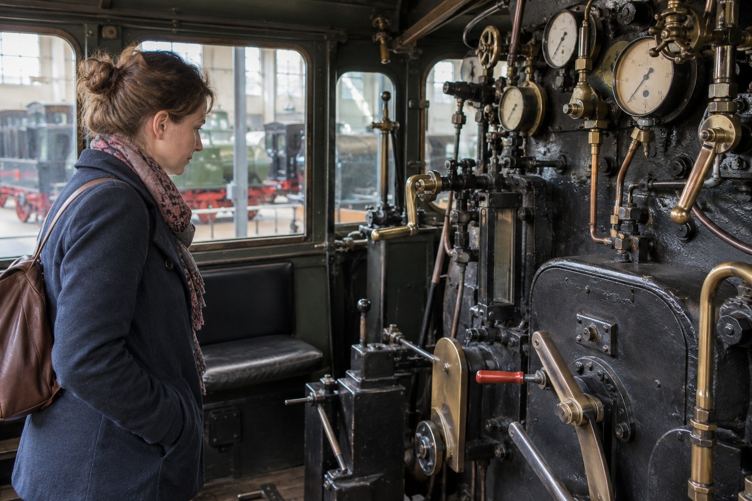 Eine Besucherin betrachtet den Führerstand einer historischen Lokomotive.
