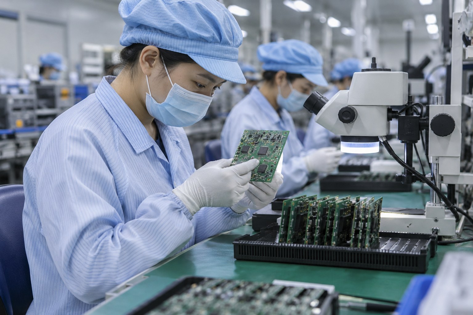 Eine Mitarbeiterin prüft elektronische Bauteile in einer Fabrik.