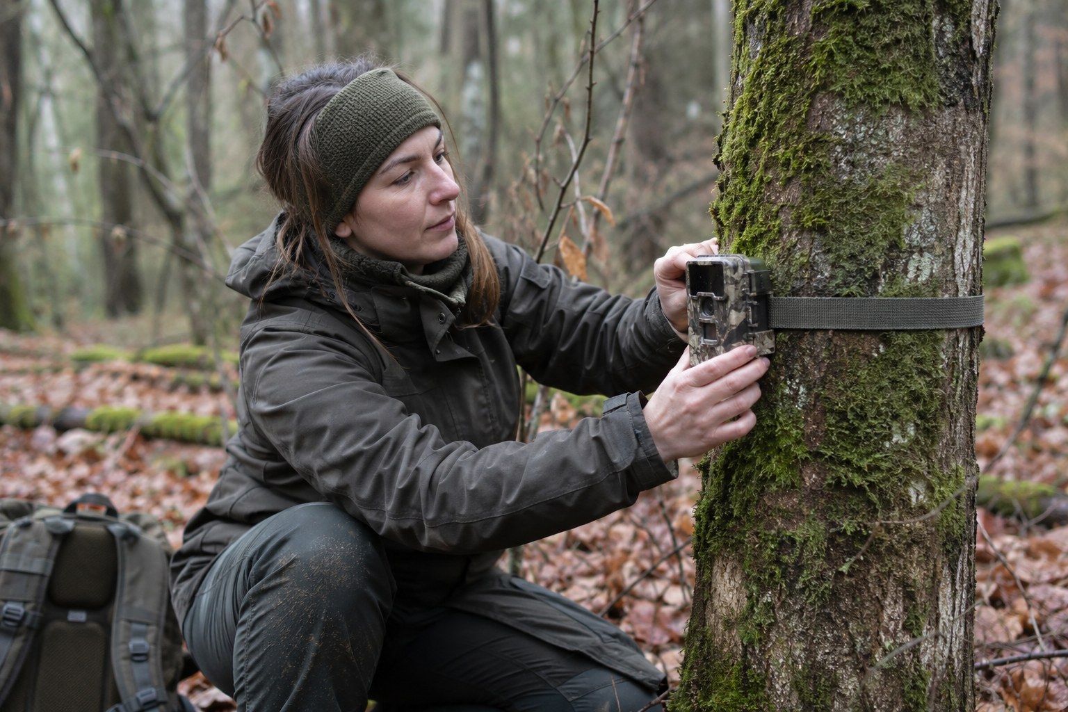 Eine Frau befestigt eine Wildtierkamera an einem Baum.