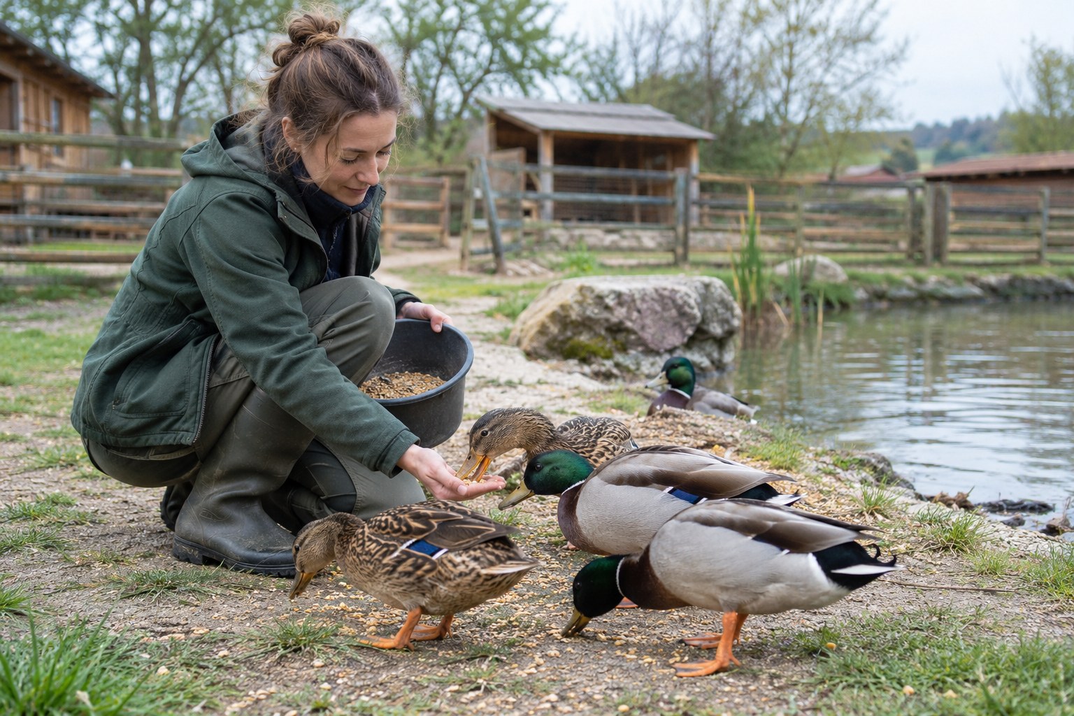 Eine Frau füttert Enten an einem Teich.