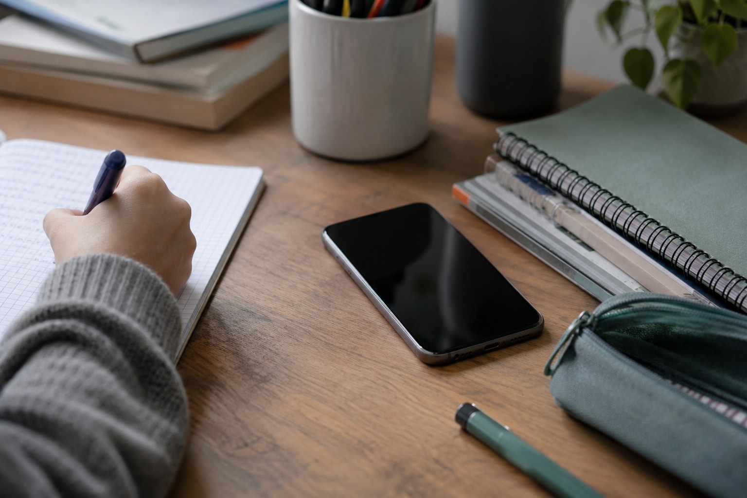 Ein Smartphone liegt neben Schulheften auf einem Tisch.