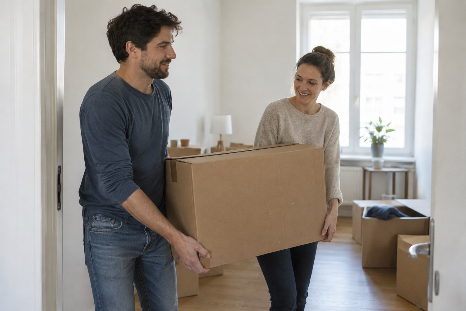 Zwei Erwachsene tragen einen Umzugskarton in eine Wohnung.