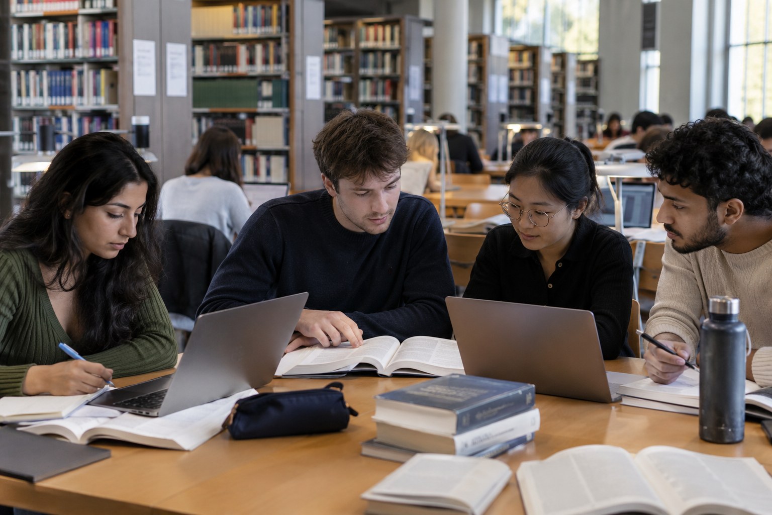 Internationale Studierende lernen gemeinsam in einer Bibliothek.