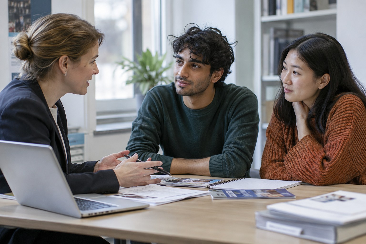 Zwei Studierende lassen sich an einer Hochschule beraten.
