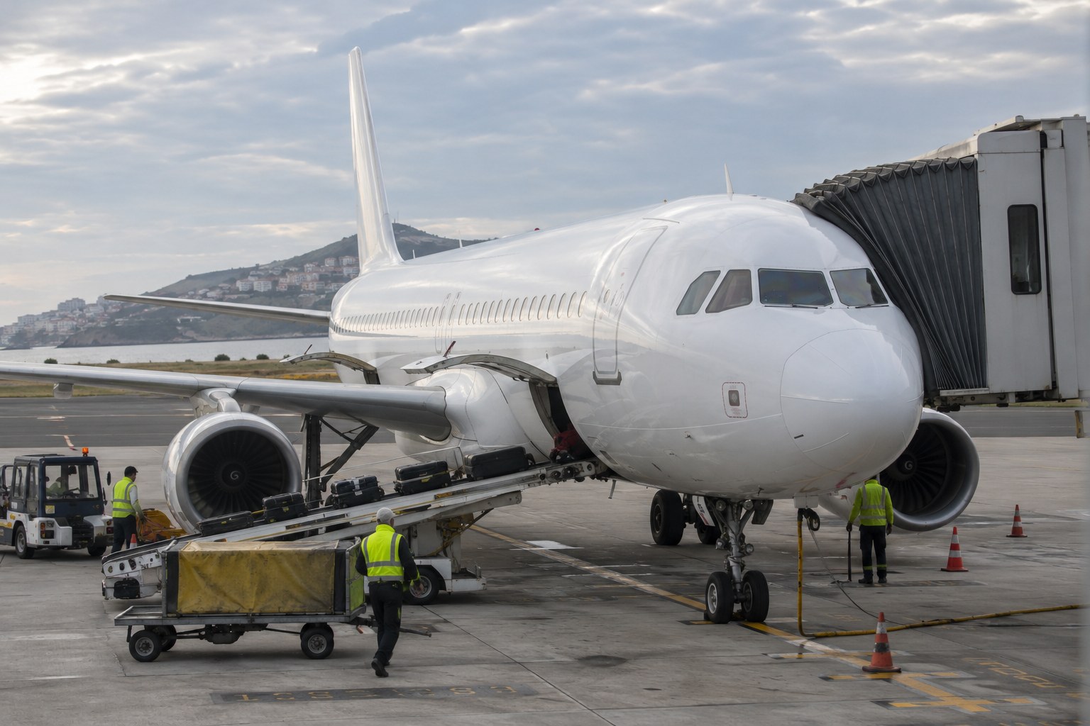 Ein Verkehrsflugzeug und Bodenpersonal auf einem Vorfeld.