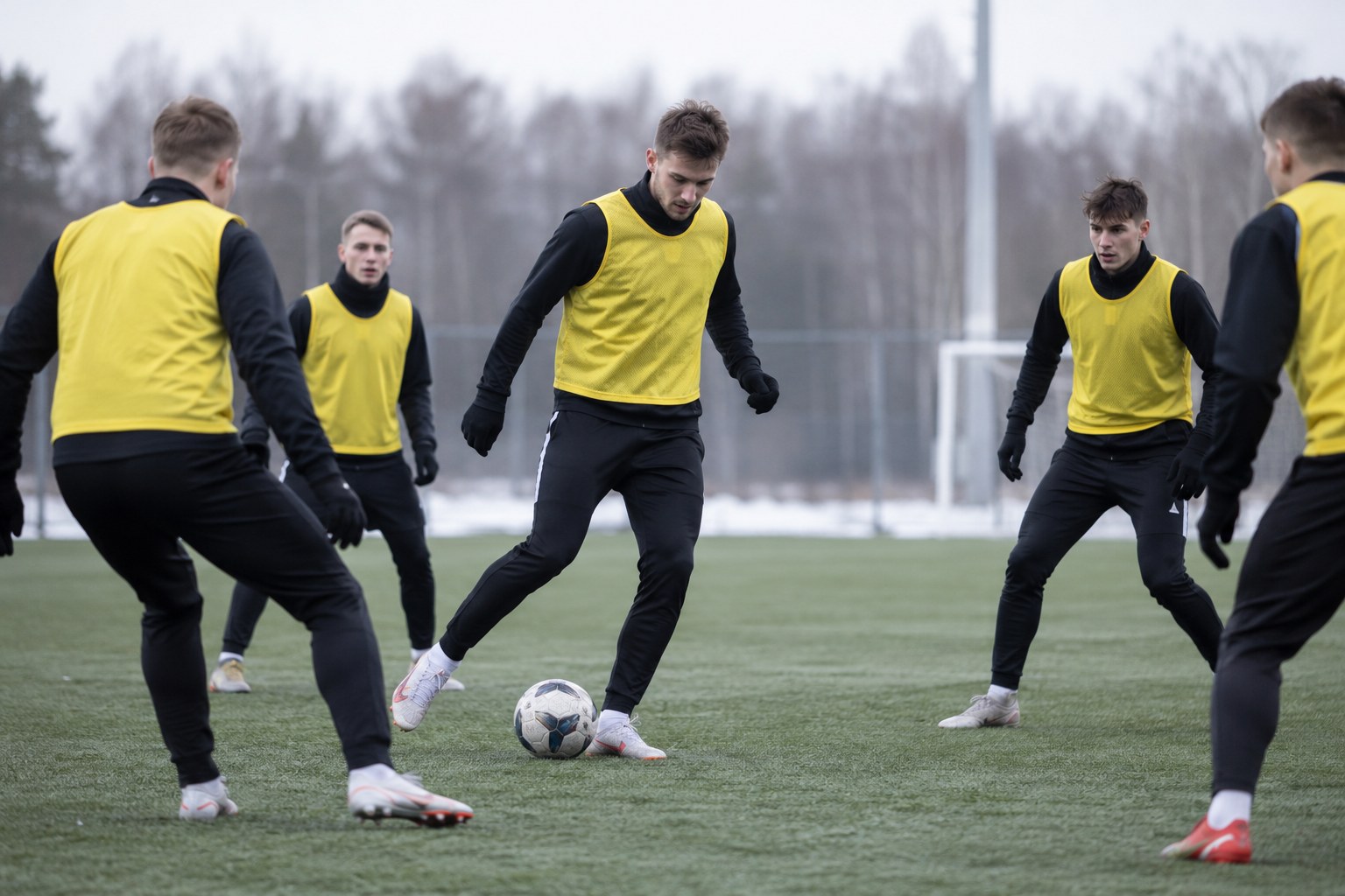 Fußballer in gelben Trainingsoberteilen auf einem kühlen Trainingsplatz.