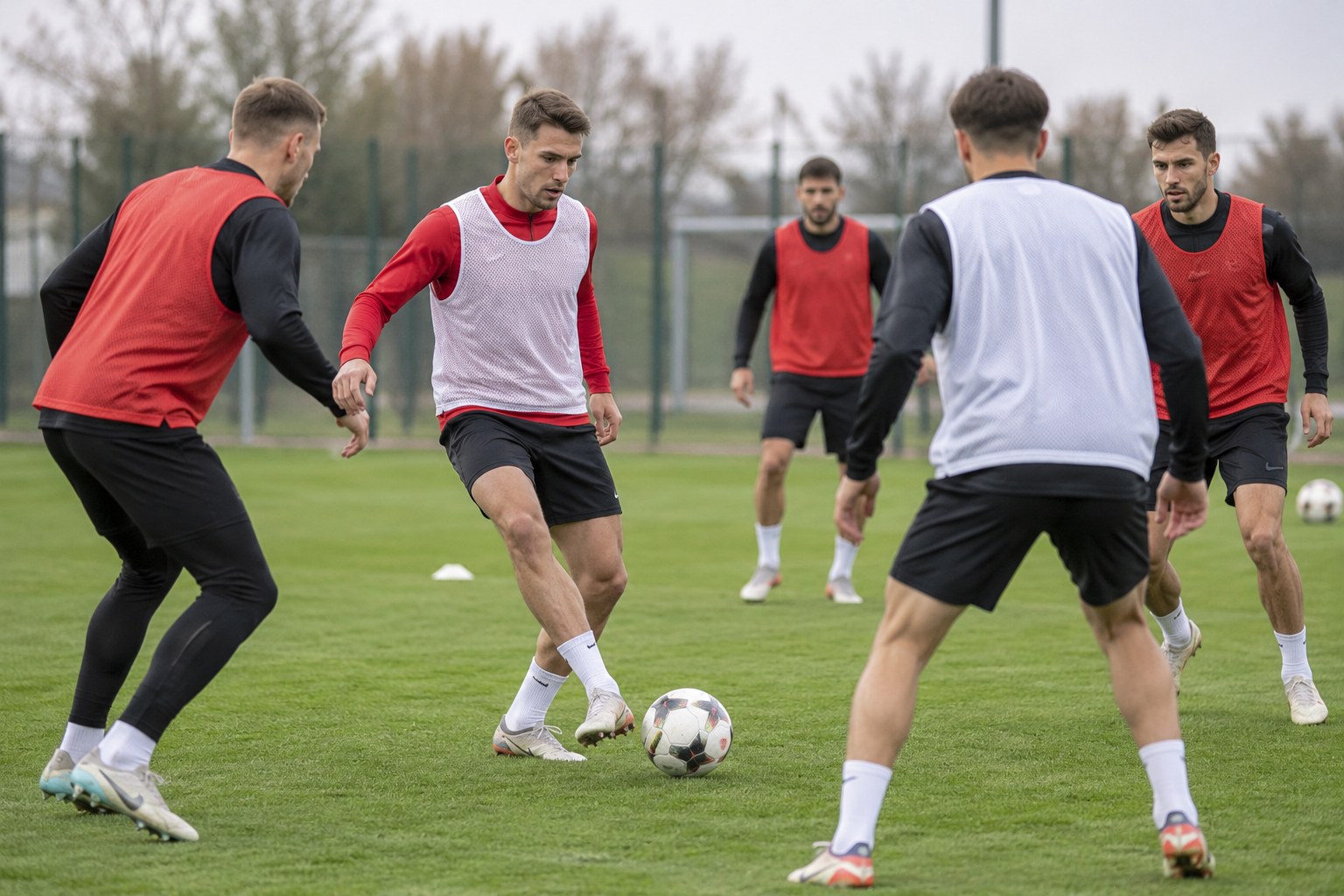 Eine Fußballmannschaft in roten und weißen Trainingsoberteilen.