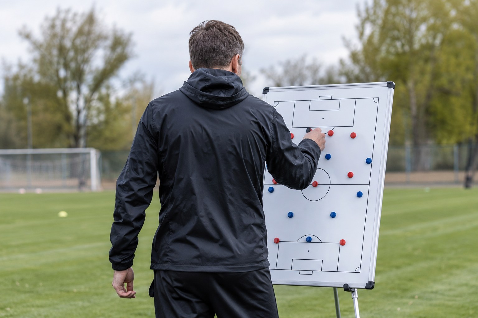 Ein Trainer steht vor einer Taktiktafel am Spielfeld.