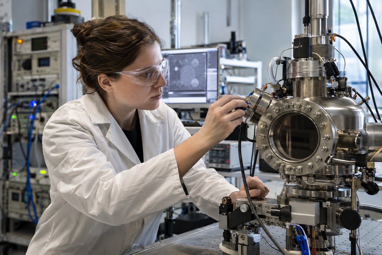 Eine Forscherin arbeitet an einer wissenschaftlichen Vakuumanlage.
