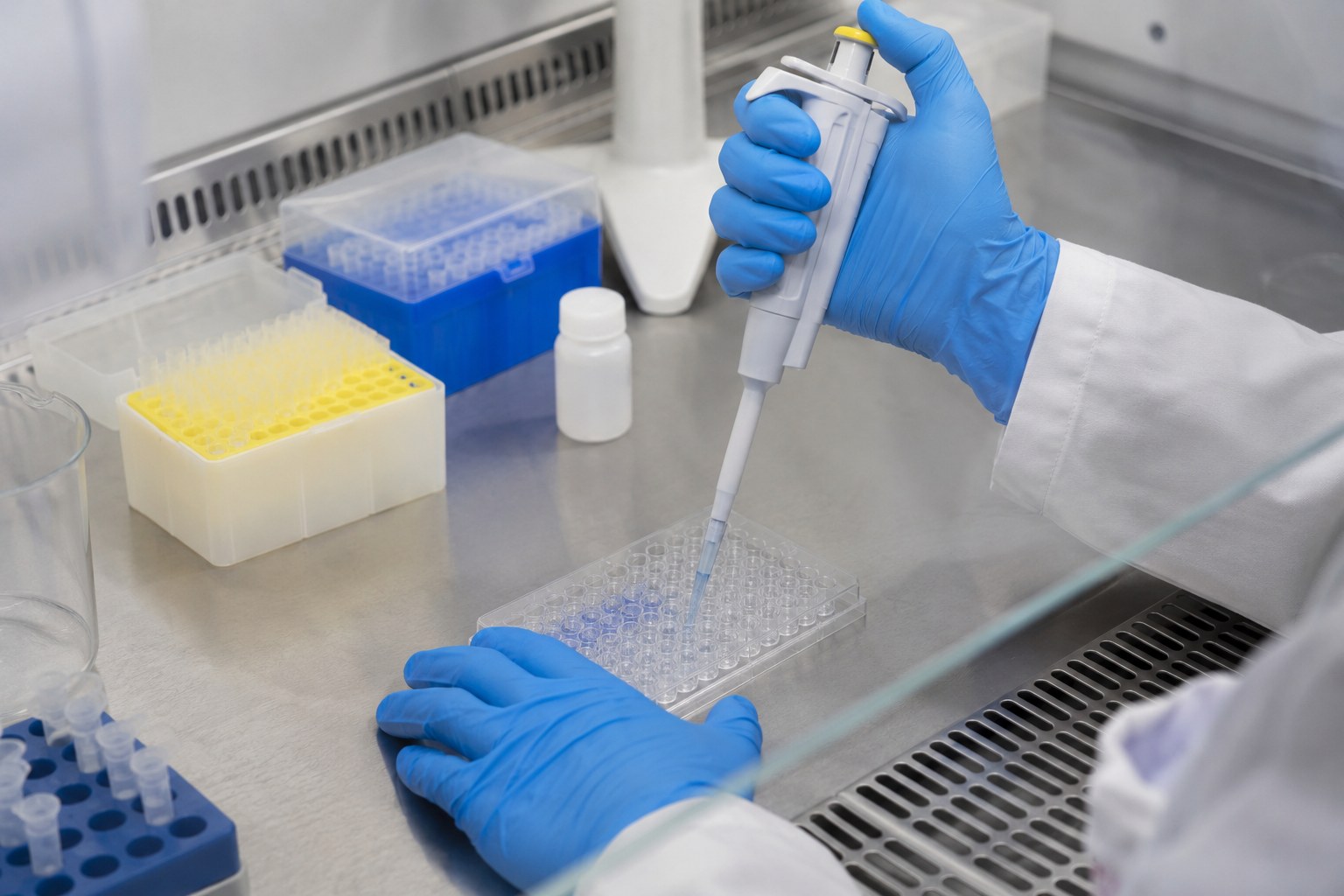 Eine behandschuhte Hand pipettiert eine Probe im Labor.