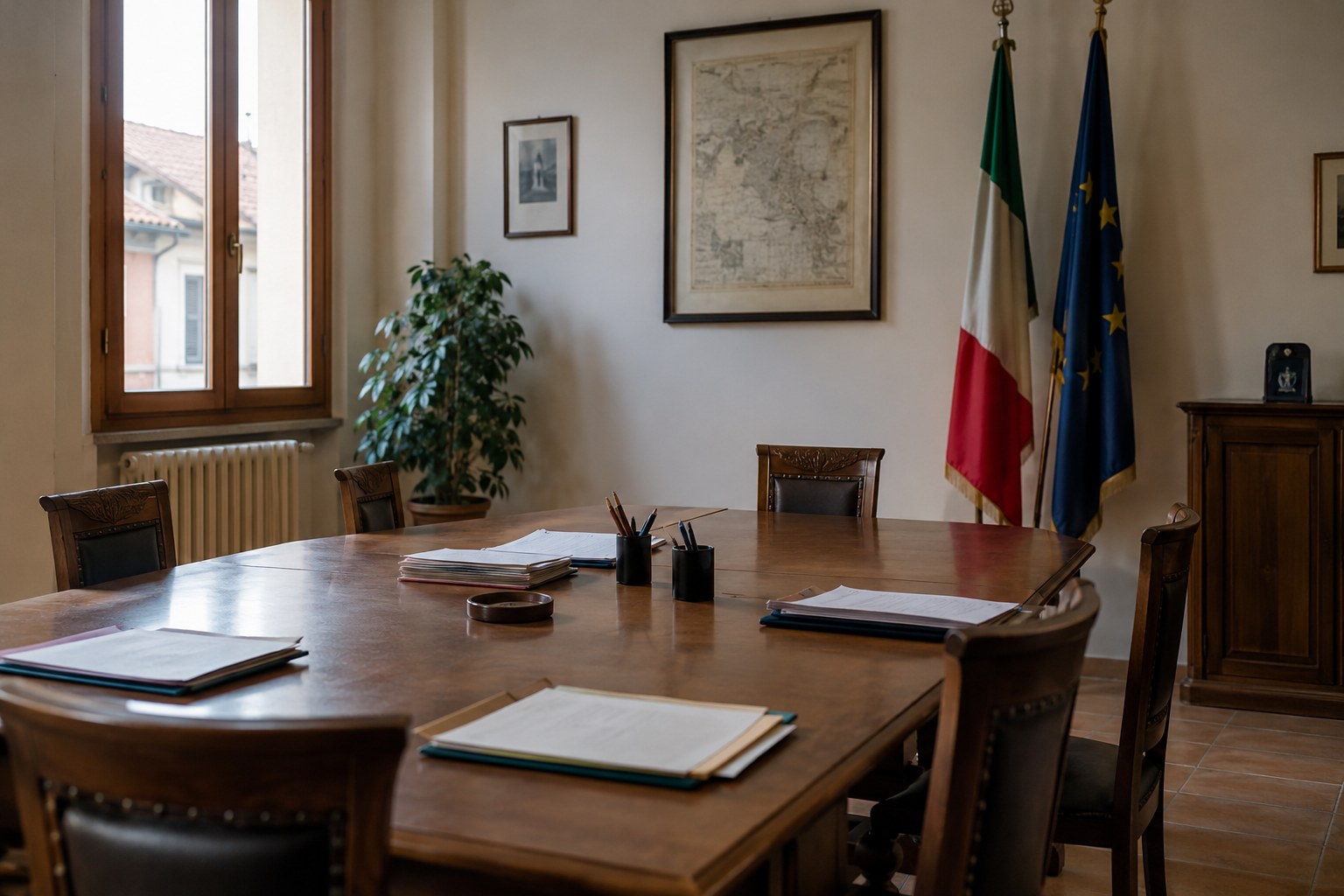 Sitzungsunterlagen auf einem Tisch mit italienischen Fahnen im Hintergrund.