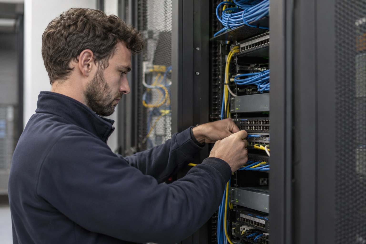 Ein Techniker kontrolliert Kabel in einem Serverraum.