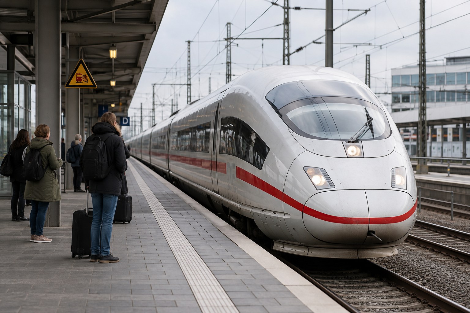 Reisende warten neben einem Fernverkehrszug am Bahnsteig.