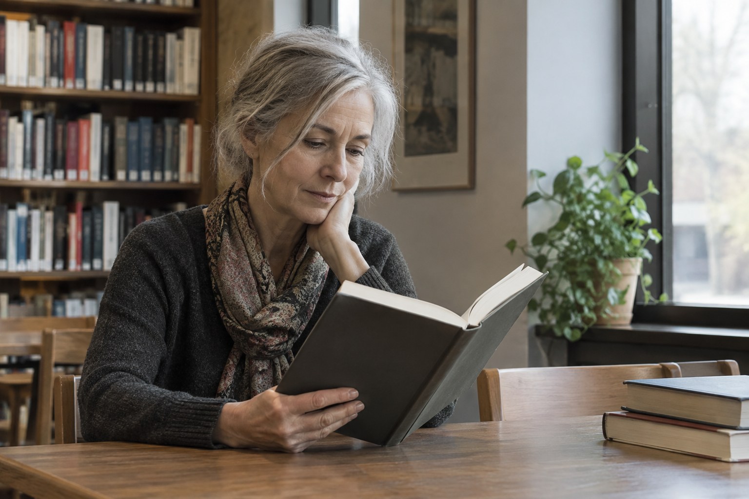 Eine Leserin sitzt mit einem Buch zwischen Bücherregalen.