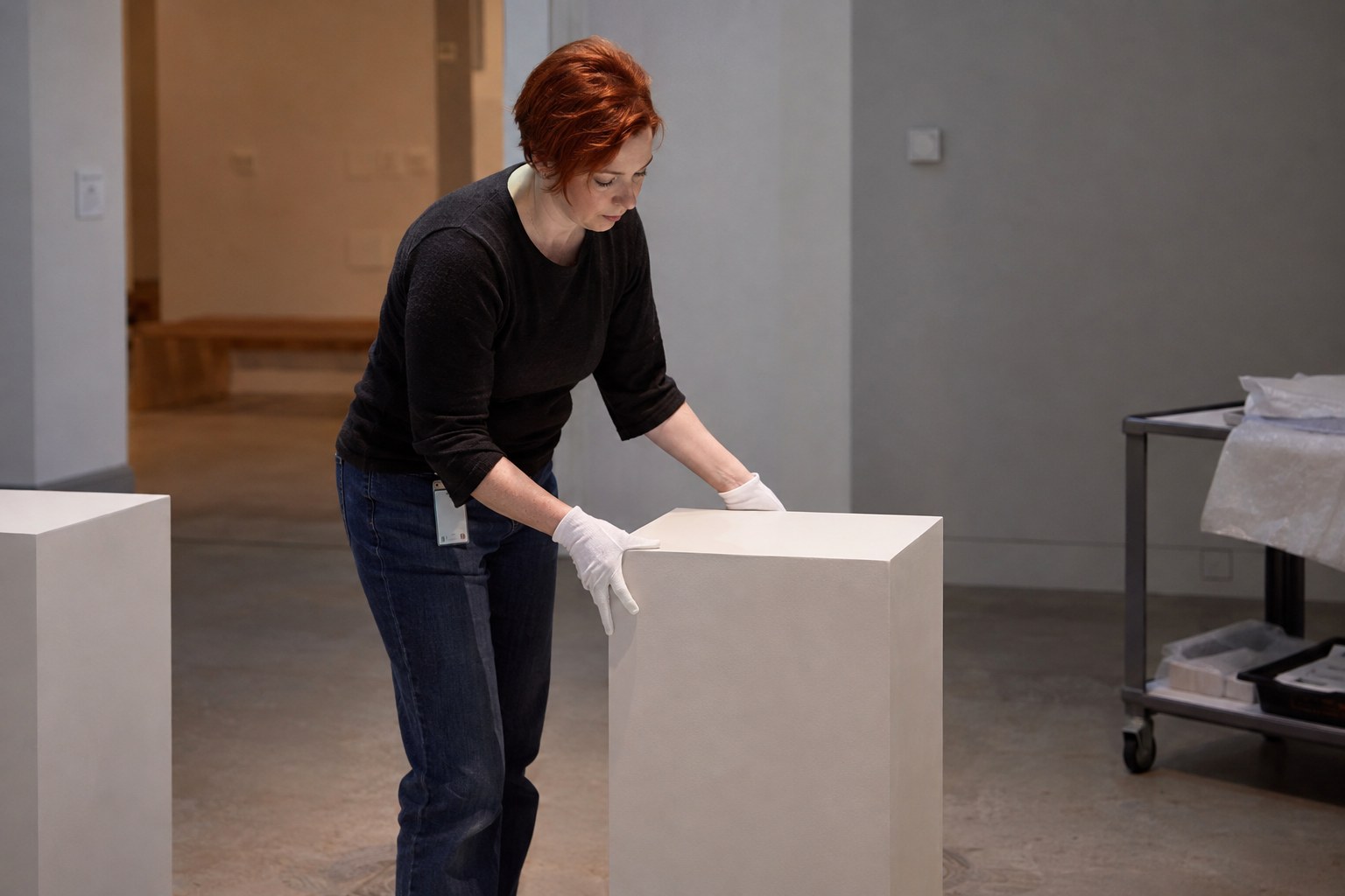 Eine Ausstellungsmitarbeiterin richtet einen leeren Sockel aus.