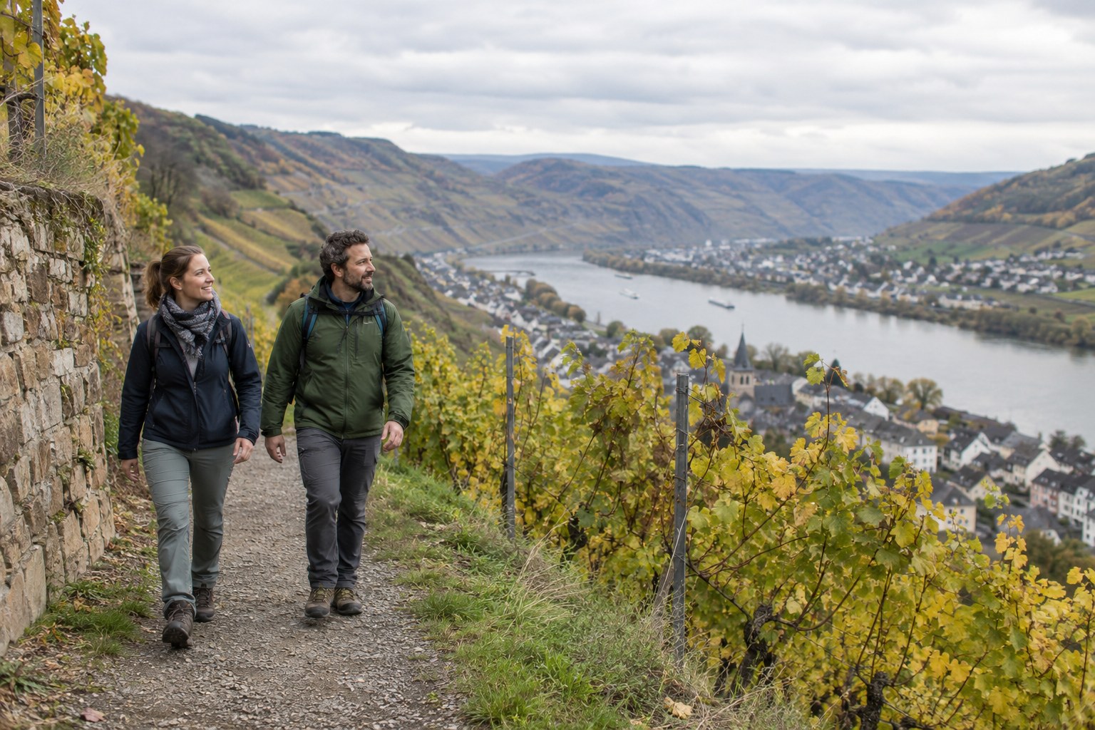 Zwei Wandernde gehen an herbstlichen Weinbergen oberhalb eines Flusses entlang.