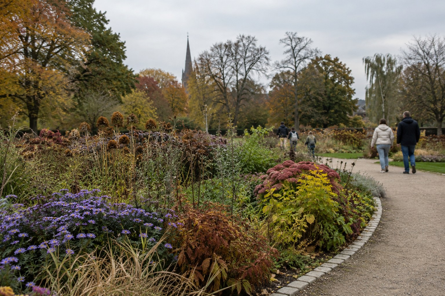 Spaziergänger gehen durch einen herbstlichen Park mit Blumenbeeten.