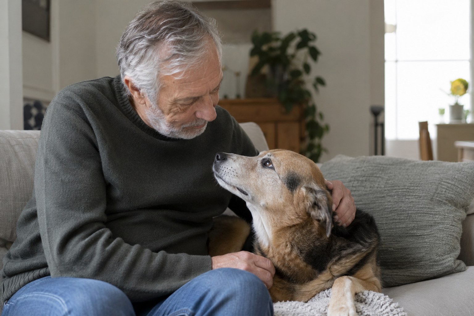 Ein älterer Mann sitzt mit seinem Hund auf einem Sofa.