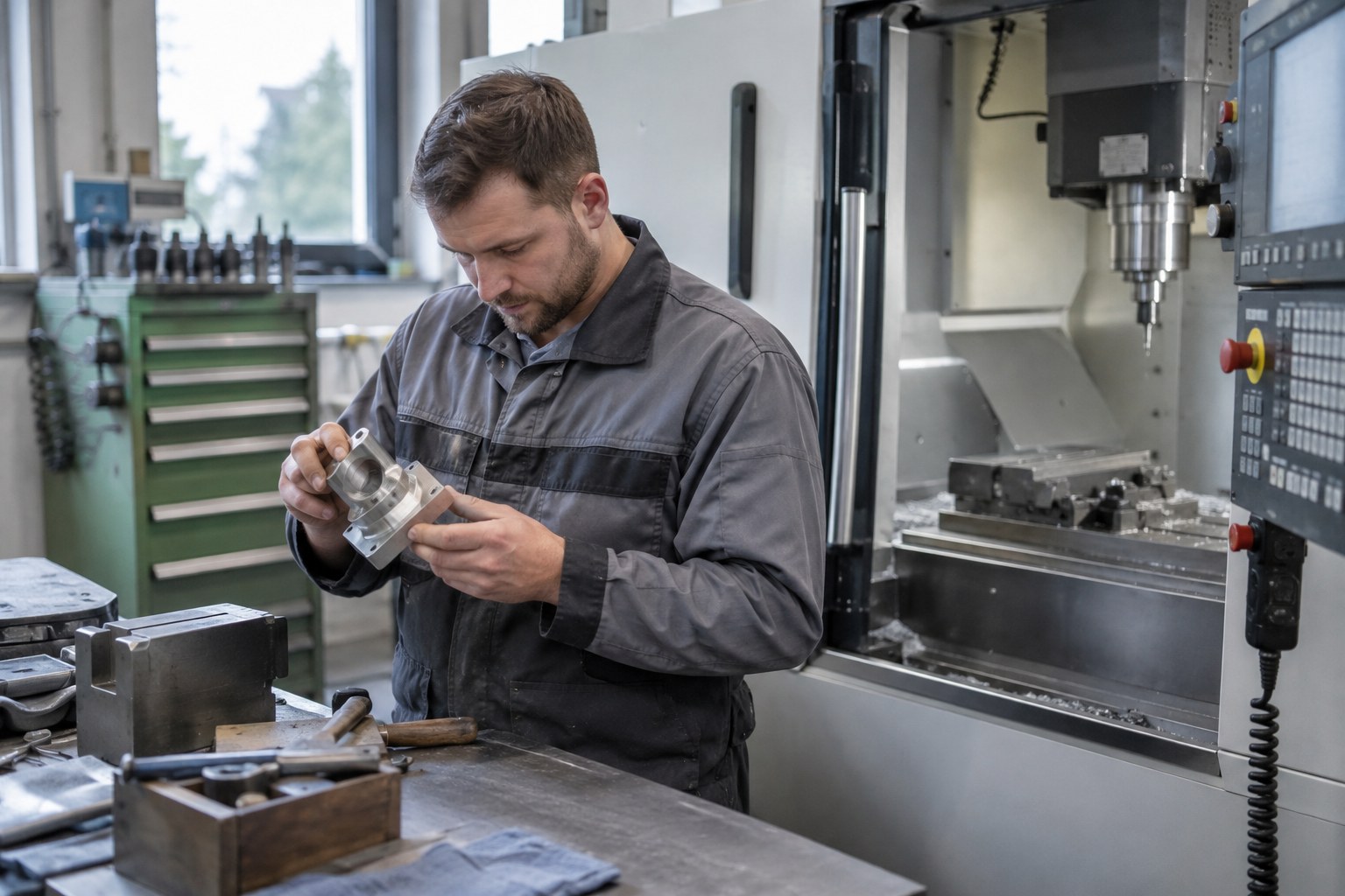 Ein Industriearbeiter prüft ein Metallbauteil an einer Maschine.